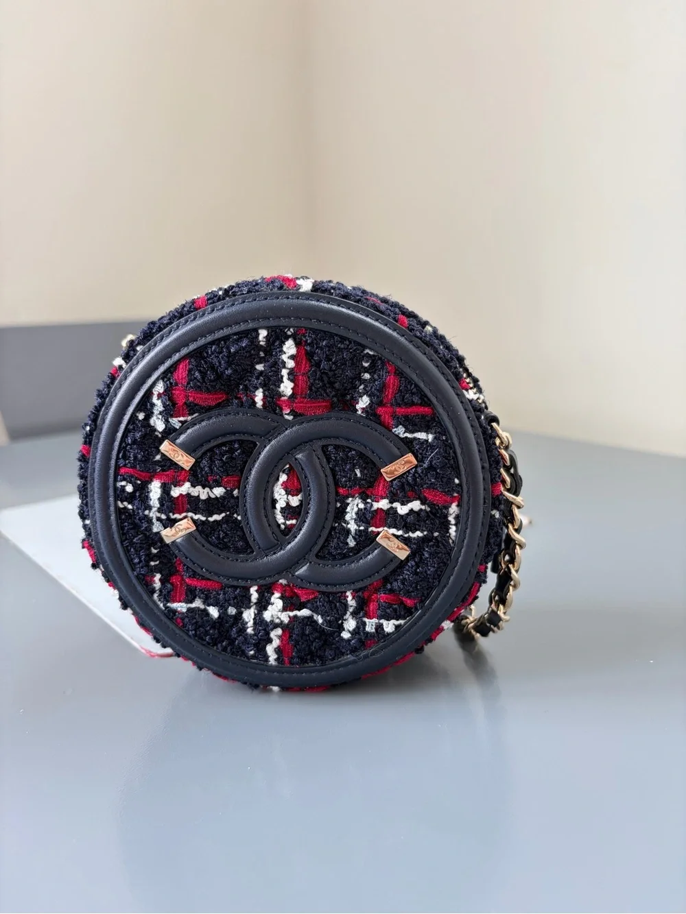 CHANEL Black Tweed Round Shoulder Bag with Red & White Accents